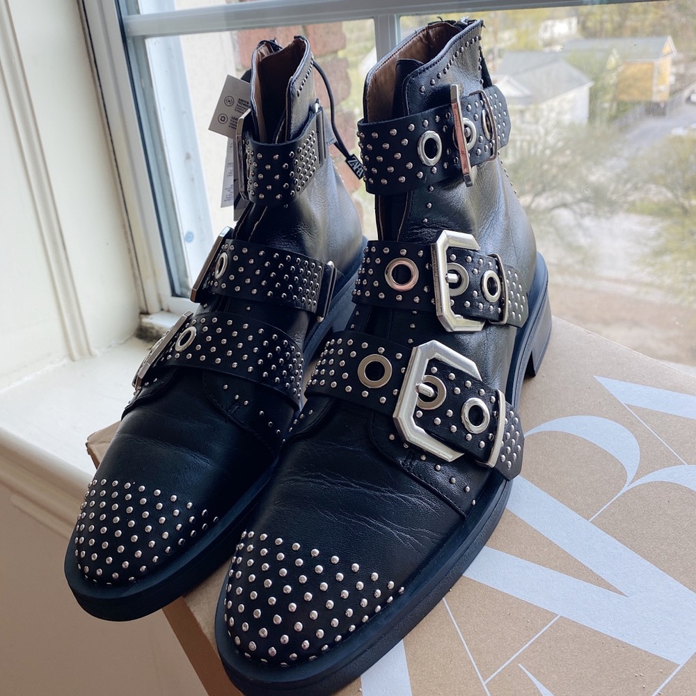 Studded Low Heeled Leather Ankle Boots
